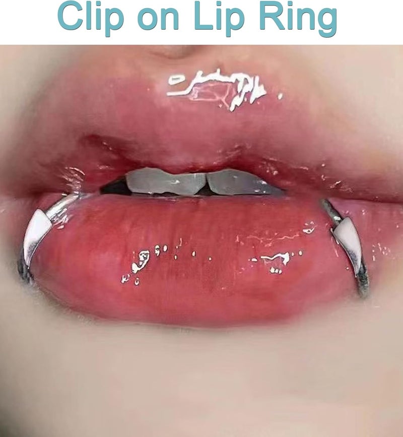 QWALIT Fake Lip Ring Cuffs Fake Nose Face Dermal Piercing Silver Clip on Vampire Teeth Fangs Faux Snake Bites Clip Nose Ring Hoops non Piercing Stick on Stud Jewelry for Halloween Jewelry Women Men - Image 3